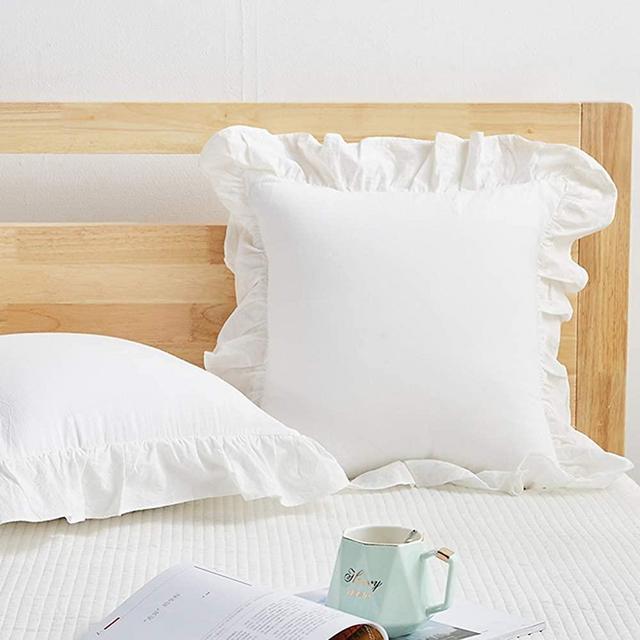 Vintage Off White Ruffle Euro Shams Shabby Farmhouse Pillow Cover 100% Washed Cotton Pillowcases Set of 2 -26"x26"