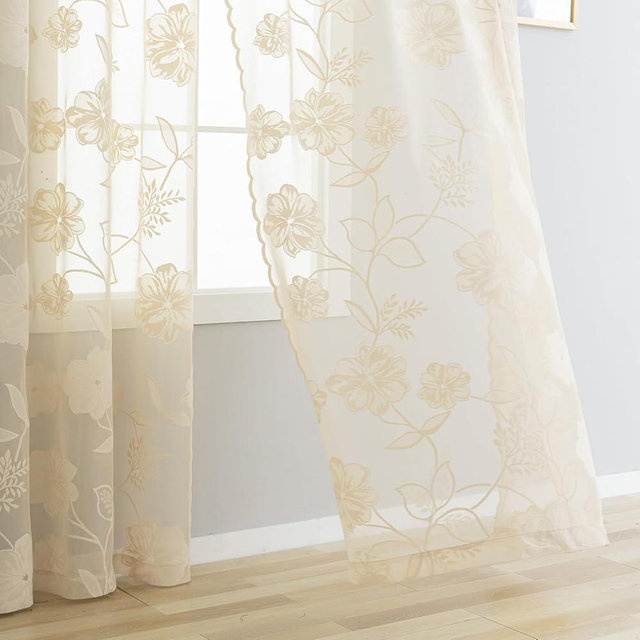 Ivory Lace Sheer Curtains for Bedroom Living Room 95 Inch Length Light Filtering Leaf and Floral Knitted Semi Sheer Window Drapes Elegant French Lace Curtains Beige, 54"w 1 Pair Rod Pocket 8ft