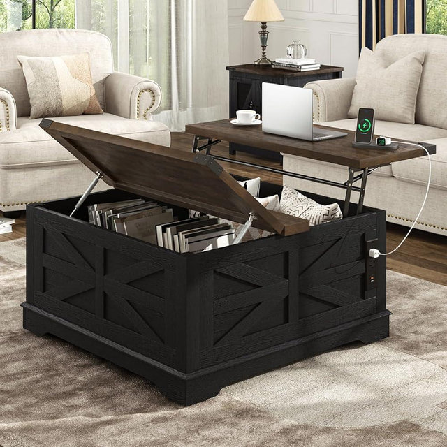 Hlivelood 36" Farmhouse Movable Lift Top Coffee Table with Storage and Power Outlets, Square Wood Living Room Tables with Wheels&Large Hidden Space, Lift Wooden Barn Door Center Table, Black