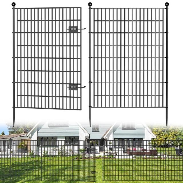 8 Panels No Dig Decorative Outdoor Garden Fence with Gate for Yard, 48 in(H) X 21 ft(L) Animal Barrier Fencing Rustproof Metal Wire Panel Border for Dog, Rabbits, and Patio Temporary Ground Stakes