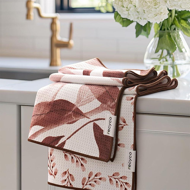 RECYCO Waffle Kitchen Towel Set of 2 - Quick Dry Microfiber Sustainable Dish Towels - Ultra Absorbent Reusable Cleaning Tea Towels - Lightweight Hand Towels,16”x 28”, Terracotta