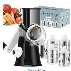 Ourokhome Rotary Cheese Grater Hand Crank, Kitchen Shredder Speed Mandolin Slicer Ice Shaver with Handle and Drum Blades for Cheese, Vegetable, Nuts, Chocolate, Potato, Carrot, 5 Blades, Black