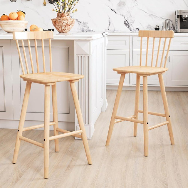 chairus 26" Farmhouse Wooden Bar Stools Set of 2, Windsor Counter Height Stools with Spindle Back, Modern Breakfast Bar Chairs for Kitchen Island Dining Room, Natural