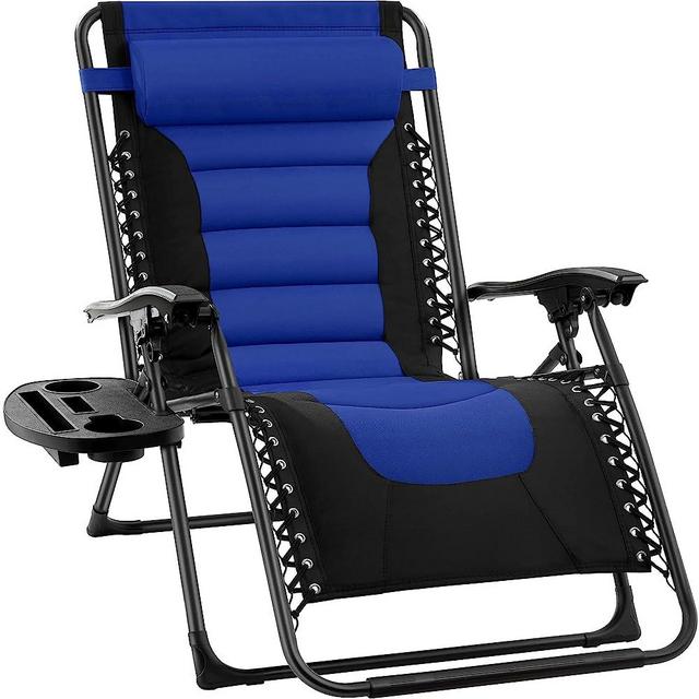 Best Choice Products Oversized Padded Zero Gravity Chair, Folding Outdoor Patio Recliner, XL Anti Gravity Lounger for Backyard w/Headrest, Cup Holder, Side Tray, Outdoor Polyester Mesh - Blue