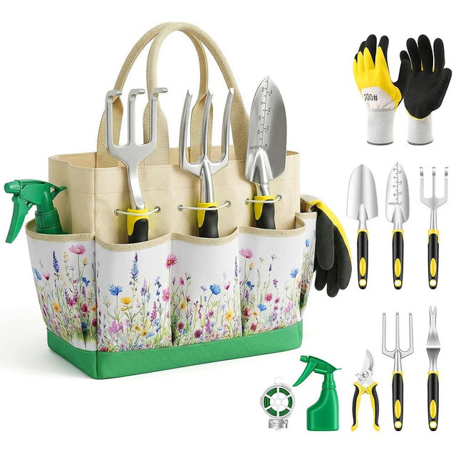 Gardening Tools 10-Piece, Heavy Duty Garden Tool Set with Fashion and Durable Garden Tools Organizer Handbag, Rust-Proof Gardening Hand Tools Weeding Kit, Ideal Gardening Gifts for Women