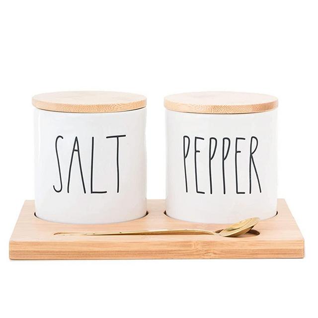 Rae Dunn Salt and Pepper Cellars, Farmhouse Salt and Pepper Bowls with Bamboo Serving Tray and Brass Spoon