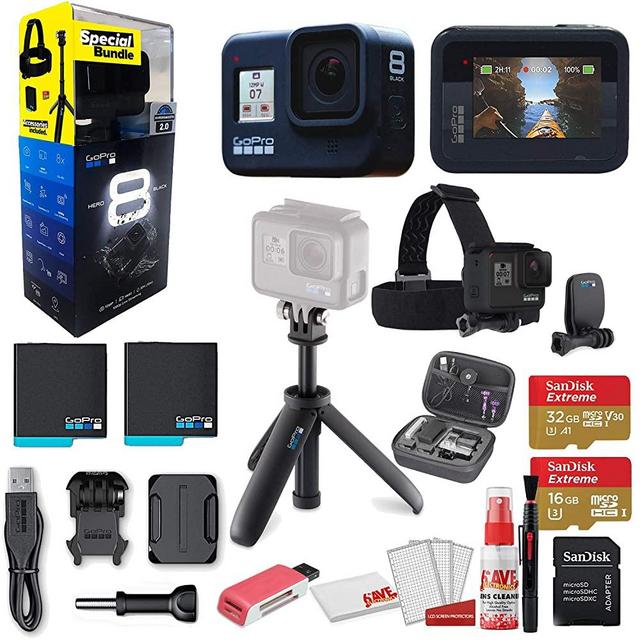 GoPro HERO8 Black Action Camera - Starter Bundle + GoPro Shorty + GoPro Head Strap + Sandisk 32GB & 16GB SD Cards + 2 Batteries + Case and More. Waterproof, Touchscreen, 4K, 12MP, Live Streaming