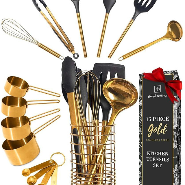 Styled Settings Black and Gold Kitchen Utensils Set - 15 Piece Gold Utensils Set Includes Non-Stick, BPA-Free, Black Silicone and Gold Cooking Utensils Set and Gold Measuring Cups and Spoons Set