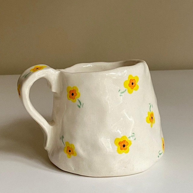 Autumn Flower Mug | Orange Yellow Dainty — Handmade Ceramic Hand Painted | Fall | Thanksgiving Gift