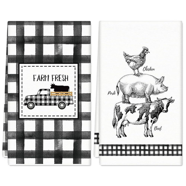 JarThenaAMCS Farm Animal Kitchen Towels Black White Buffalo Plaid Farm Life Dish Towels 18 x 28 Inch Farmhouse Hand Drying Tea Towels for Cooking Baking Cleaning Wipe, Set of 2