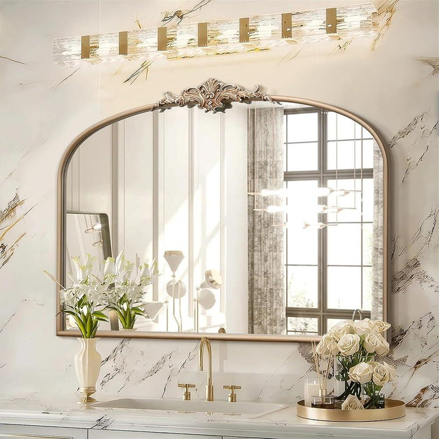 Besdomus Arched Vintage Gold Mirror: 40"x30" Large Champagne Gold Antique Wall Mounted Mirror - Baroque Traditional Ornate for Fireplace/Bathroom/Living Room - Home Decor for Fashion-Conscious