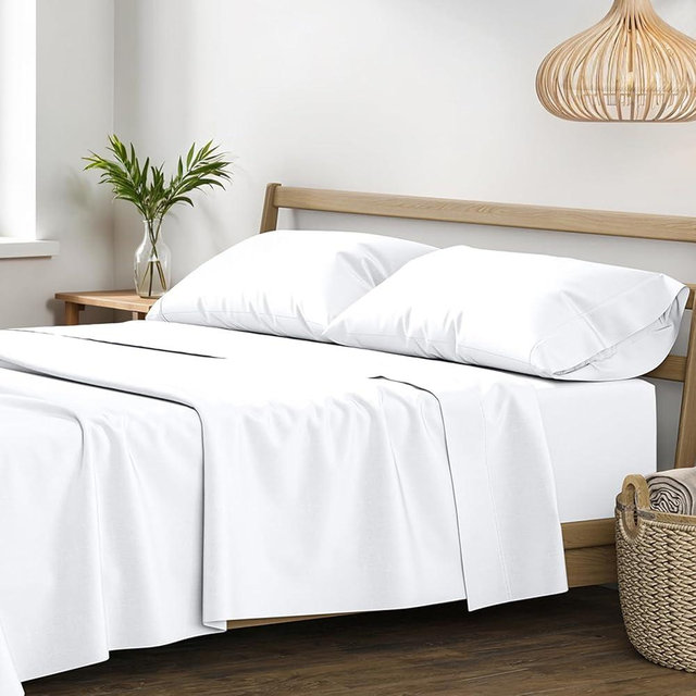XOOX Linen 100% Egyptian Cotton Queen Sheet Set - Luxury 1200 High Thread Count Egyptian Cotton Sheets Queen Size (4 PC, White), Silky Soft, Cooling, 17" Deep Pocket Sateen Weave Hotel Bedding