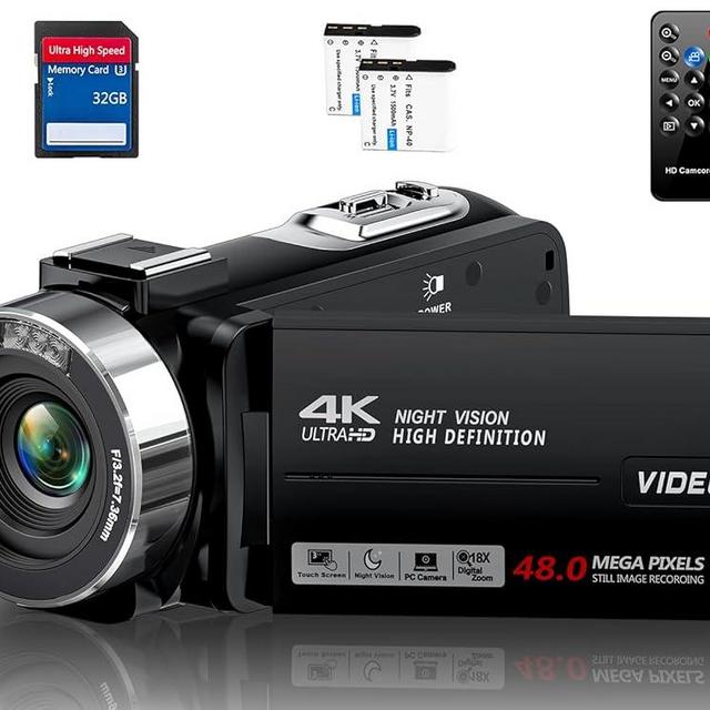 THPACIP Video Camera Camcorder 4K 48MP 30FPS with IR Night Vision,18X Digital Zoom Camera Recorder 3.0" LCD Touch Screen Vlogging Camera for YouTube with Controller, 32GB SD Card, 2 Batteries