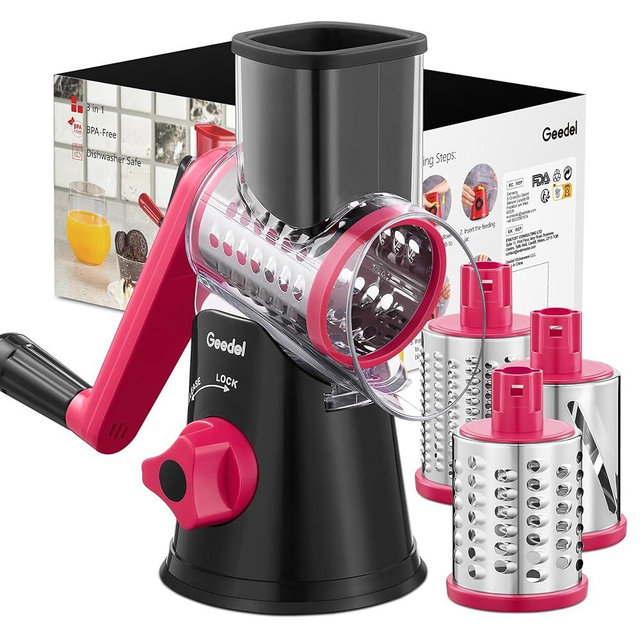 Geedel Rotary Cheese Grater, Kitchen Mandoline Vegetable Slicer with 3 Interchangeable Blades, Easy to Clean Rotary Grater Slicer for Fruit, Vegetables, Nuts