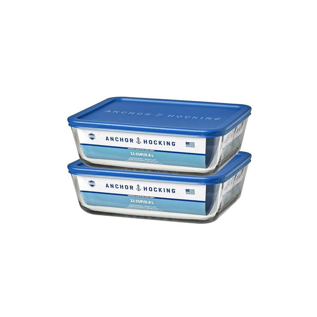 Anchor Hocking 11-Cup Glass Storage Containers with Lids, Set of 2 Glass Food Storage Containers with Blueberry SnugFit Lids