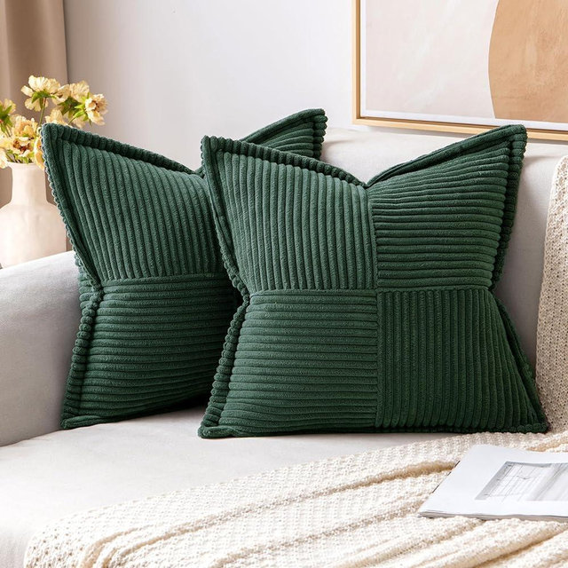 MIULEE Dark Green Corduroy Pillow Covers with Splicing Set of 2 Super Soft Boho Striped Pillow Covers Broadside Decorative Textured Throw Pillows for Couch Cushion Livingroom 20 x 20 inch