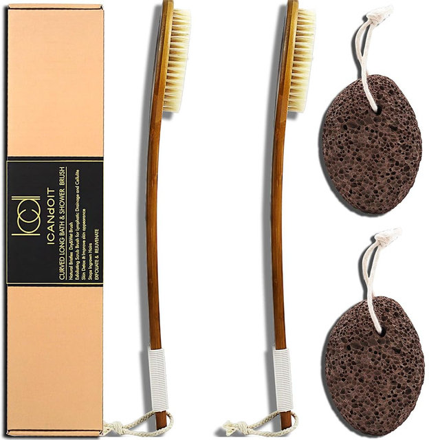 ICANdOIT-17.71Inch Natural Boar Bristles Anti-Slip Long Handle Bath Brush,Bent Handle Shower Scrubber for Exfoliating,Shower Back Brush,Exfoliation Set with Pumice Stone(2 Pack)