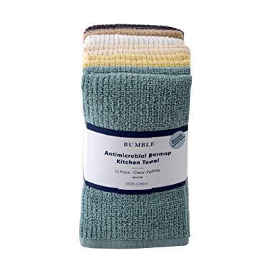 Bumble 12-Pack Antimicrobial Barmop Kitchen Towels / 16” x 19” Premium Kitchen Towels/Super Absorbent Heavy Weight Cotton/Ribbed Weave (Clean)