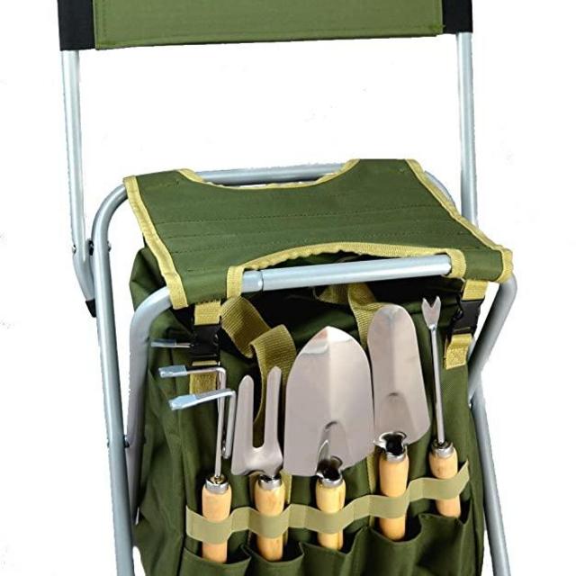 10-Piece Gardening Tool Set with Zippered Detachable Tote and Folding Stool Seat with Backrest