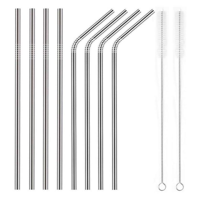 YIHONG Set of 8 Stainless Steel Metal Straws Ultra Long 10.5 Inch Reusable Straws For Tumblers Rumblers Cold Beverage (4 Straight|4 Bent|2 Brushes)