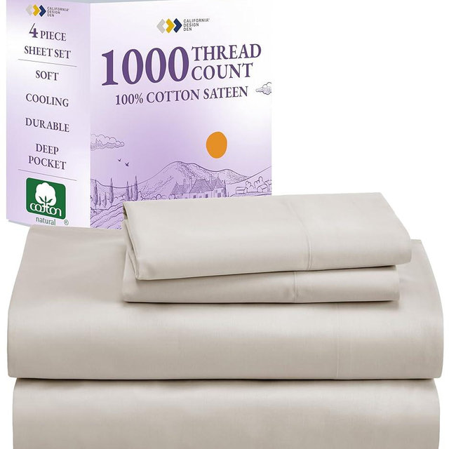 California Design Den 1000 Thread Count King Size Sheets Set, Winner Architectural Digest Best Sheet, 4 Pc Luxury 100% Cotton Sateen Bed Sheets, Softer than Egyptian Cotton (Beige)