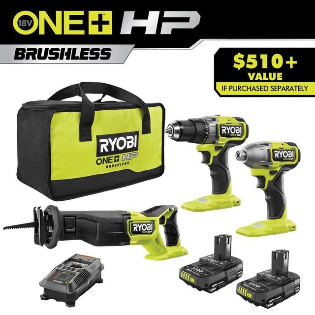 ONE+ HP 18V Brushless Cordless 3-Tool Combo Kit with (2) 1.5 Ah Batteries, Charger, and Bag
