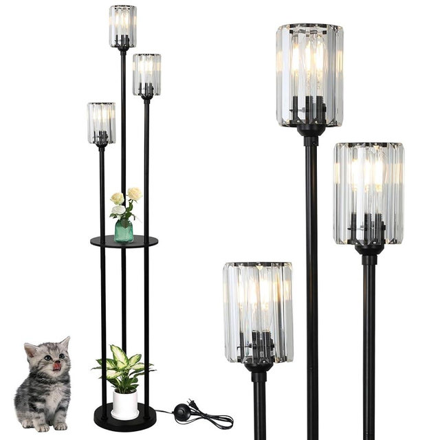 HMVPL Crystal Floor Lamp with Shelves, Modern Floor Lamps for Living Room, 3-Light Standing Lamps with Table, Black Floor Lamp with Crystal Shade, On/Off Foot Switch, Corner Floor Lamp for Bedroom