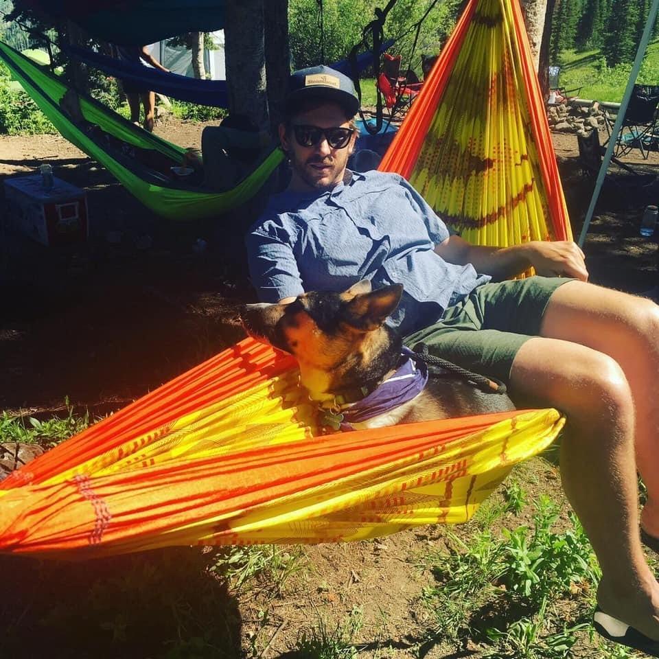 Buffalo Pass camping trip, Steamboat Springs, CO (2018). Willow unwillingly became a hammock dog that week, and we invented the 'Baby Bird' camping cocktail: 3 parts whiskey, 1 part chewed cherries.