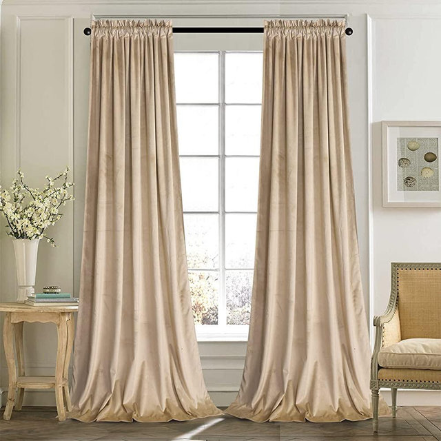 Roslynwood Cream Velvet Curtains Block Light - Classic Solid Christmas Decorative Thermal Insulated Black Window Drapery for Living Room, Rod Pocket, W52 x L84-inch, 2 Panels
