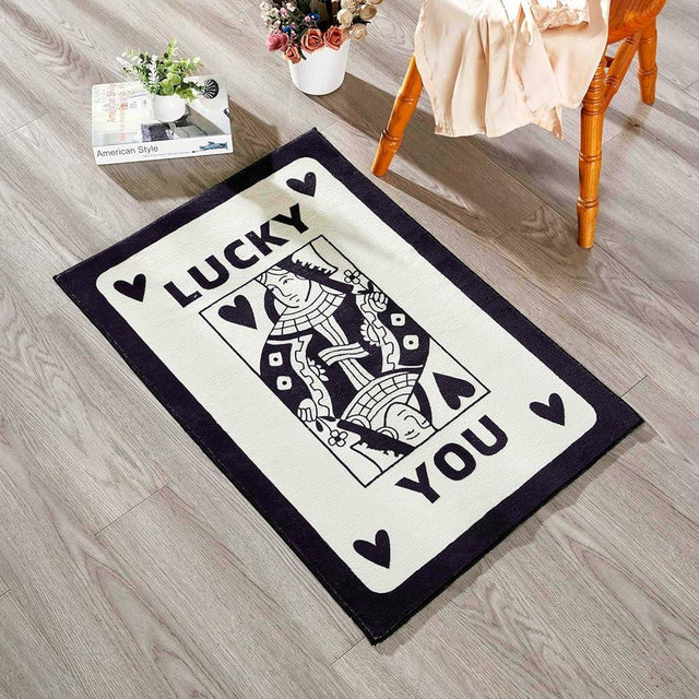 RoomTalks Lucky You Playing Card Rug Black and Ivory, Thin Cute Retro Aesthetic 3x5 Small Rugs for Bedroom College Bathroom Kitchen Non Slip, Trendy Funky Unique Cool Preppy Rug Dorm Accent Floor Rug