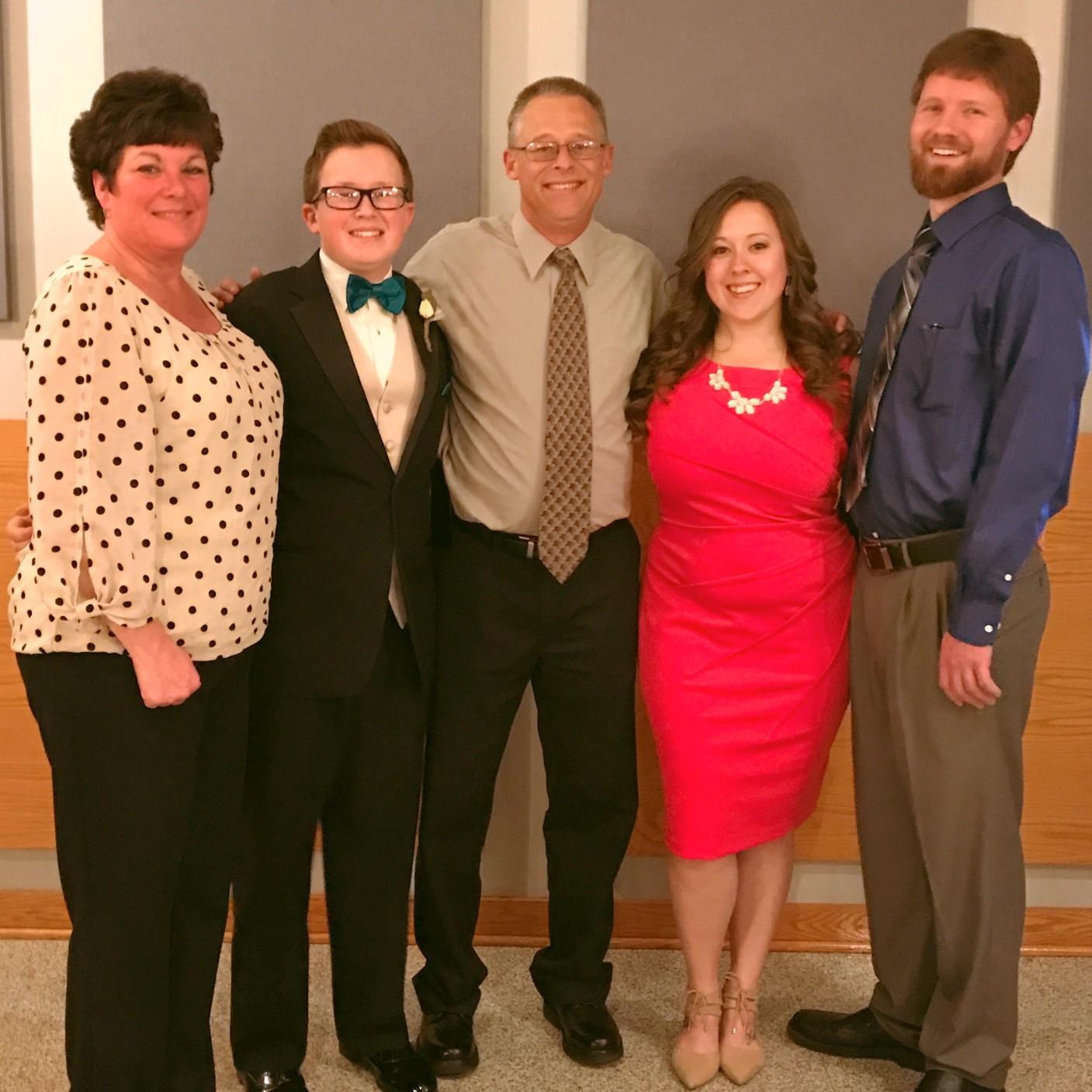 enjoying a friends wedding with Lyndsey's dad, stepmom, and brother in April 2017.