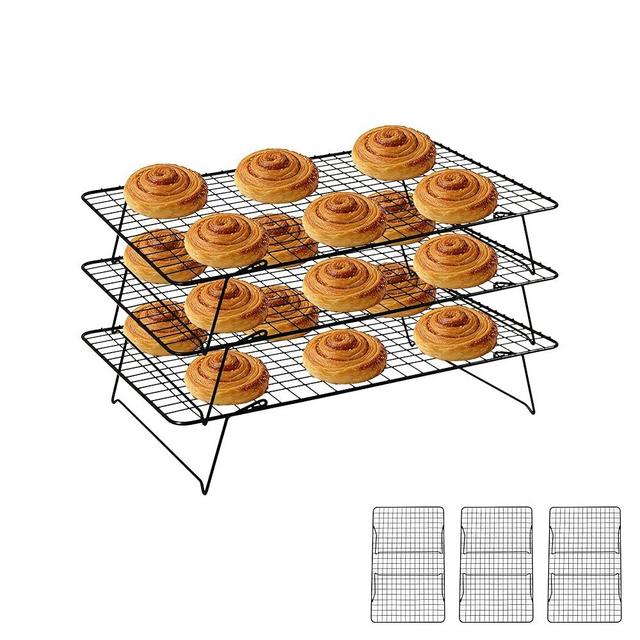 JINANJUNGU Cooling Rack, 3 Tier Stackable Cooling Racks for Cooking Baking Roasting, Multi-Level Collapsible Cookie Rack for Cakes, Oven Safe & Easy Clean (Black, 3-Tier)