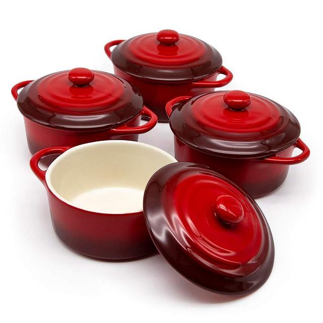 12oz Mini Cocotte, by Kook, Casserole Dish, Ceramic Make, Easy to Lift Lid, Crimson Red, Set of 4,