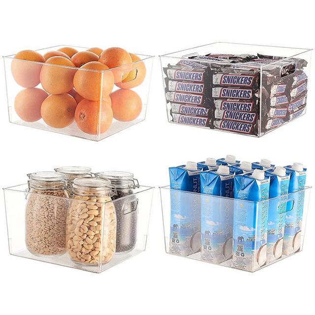 EAMAOTT Plastic Refrigerator Organizer with Handles - Set of 4 Storage Bins for Kitchen Cabinets, Fridge Drawers, Food Organizer for Pantry- 11" x 10" x 7" Large Capacity Clear Organizer Bins