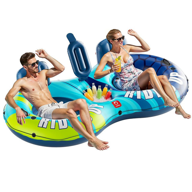 QPAU Inflatable Double River Tube, 2 Person 660lb Capacity, Puncture-Resistant 93" Sturdy Heavy Duty River Float, River Raft with Ergonomic Backrest, Cooler & Cup Holders for Family