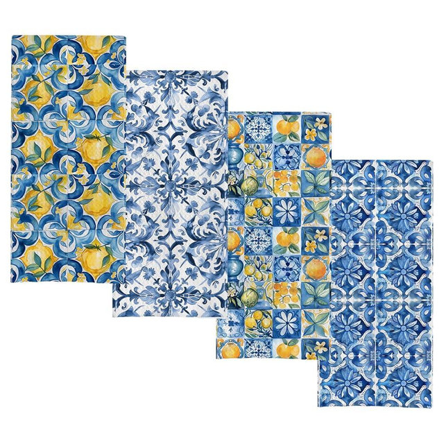 BYRFIIEU Mediterranean Lemon Kitchen Towels, Blue and White Italian Lemon Dish Tea Towels for Kitchen, Vintage Azulejos Maiolica Tiles Lemons Floral Hand Towel for Bathroom, 16x24 Inch Set of 4