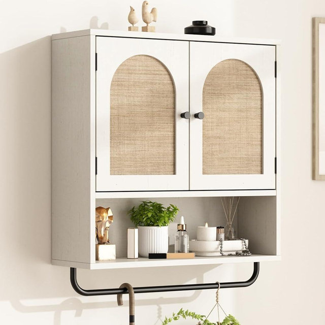 RUSTOWN Rattan Bathroom Wall Cabinet, Boho Medicine Cabinet with 2 Arched Doors, Farmhouse Over the Toilet Storage Cabinets with Adjustable Shelves & Towel Bar, 3-Tier Wall Mounted Cabinets
