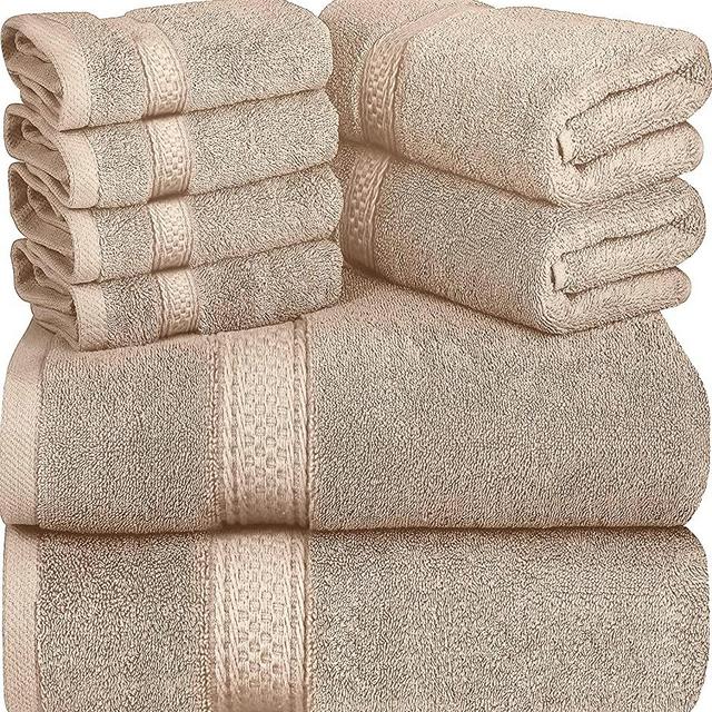 Asiatique Linen – Premium Luxury 8 Piece Beige Bath Towels Set – 100% Ring Spun Cotton 650 GSM Towels for Bathroom – 2 Bath Towels, 2 Hand Towels, and 4 Washcloths – Ideal for Home, Spa & Hotel