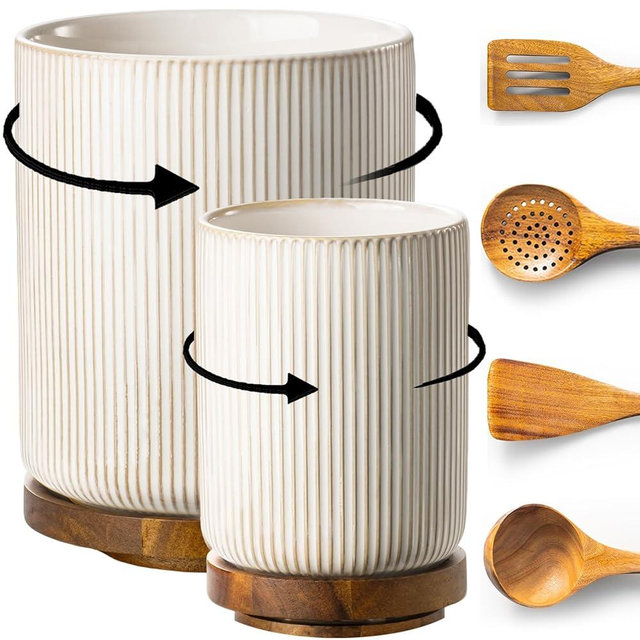 getstar Large Rotating Utensil Holder for Kitchen Counter,7.9"+6" Ceramic Utensils Crocks Set for Countertop Large & Small Utensil Organizer for Spatula Farmhouse Kitchen Decor