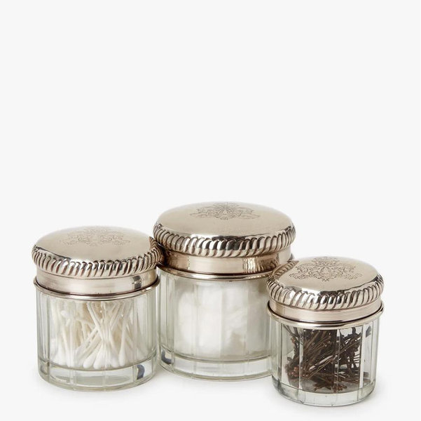 Antique Silver Plated Brass Lidded Glass Jars (Set of 3)