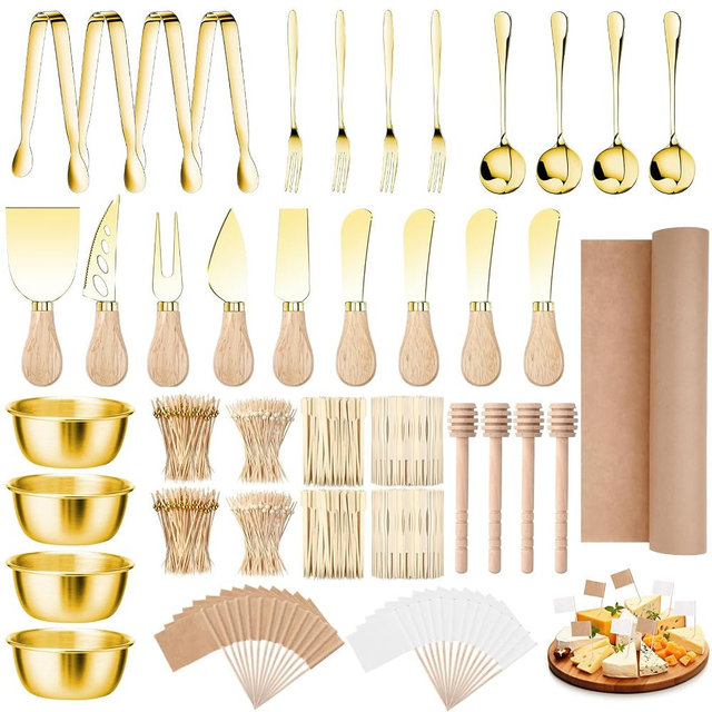 Widecook 270 Pcs Charcuterie Board Accessories Cheese Butter Spreader Knife Set Butcher Paper Roll Serving Tongs Forks Spoons Dipping Bowls Dippers Cocktail Picks for Party Wedding Christmas (Gold)