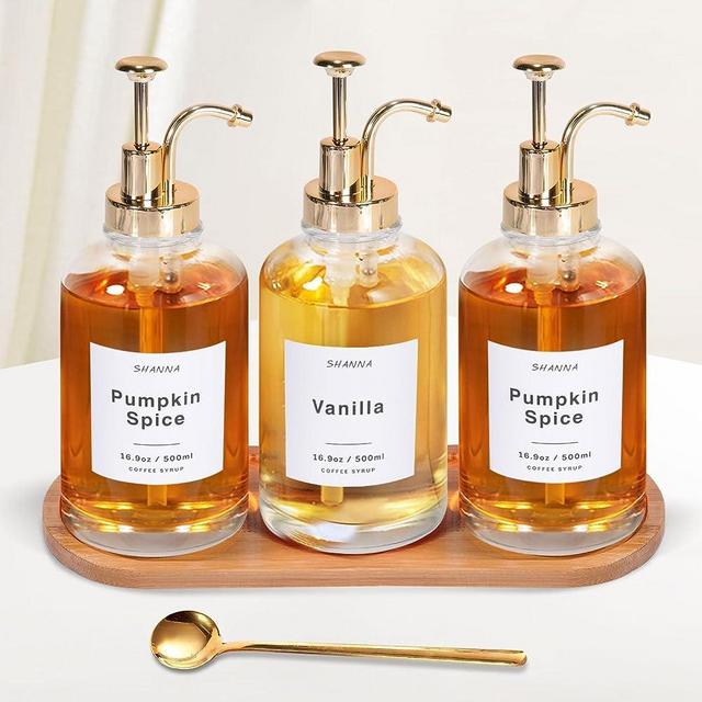Coffee Syrup Dispenser for Coffee Bar, 16.9oz 500ml Glass Syrup Dispenser w Golden Coffee Scoop, Coffee Syrup Pump Dispenser w 36 Labels and Bamboo Tray, Coffee Syrup Bottles with Golden Pump, 3PCS