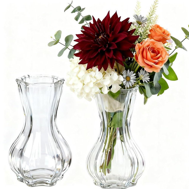 Vases for Flowers,Set of 2 Glass Vase,Clear Vase,8 inches Tall Ribbed Vases for Modern Boho Home Decor,Living Room,Wedding,Table Centerpieces