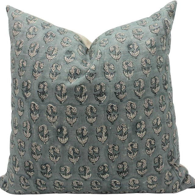 Fabritual Handloom Block Print Sustainable Pure Linen Throw 18X18 Pillowcase Cushion Cover for Sofa Couch, Bed, Summer Fall Decoration, Floral Printed, Home Décor, Outdoor, Farmhouse, Sage Green