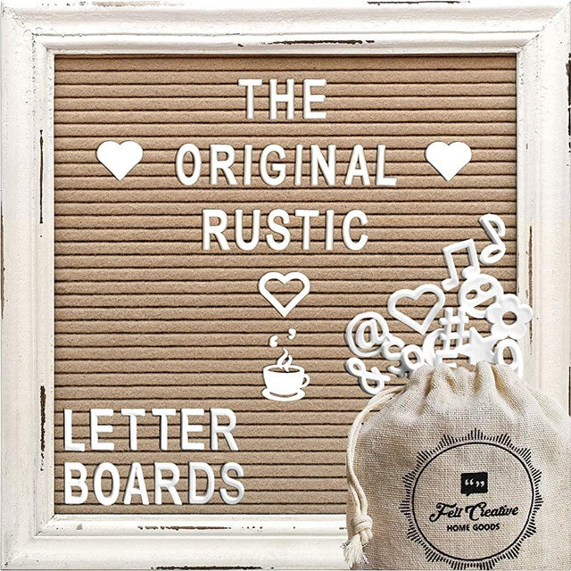Cappuccino Felt Letter Board with Rustic White Wood Farmhouse Vintage Frame and Stand by Felt Creative Home Goods 10x10" Antique Changeable Message Board 350 White Alphabet Letters, Numbers, Emojis