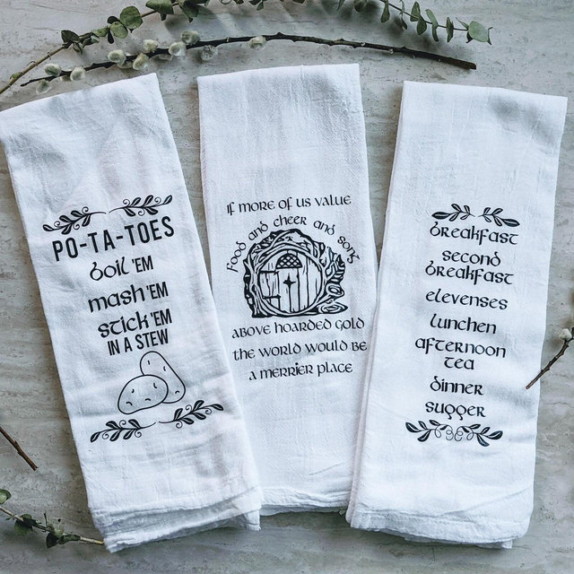 Bookish Tea Towels, Best Sellers LOTR Cottagecore Fantasy Merch, Fantasy Book Lover Gift, Second Breakfast Hobbitcore LOTR Kitchen Decor