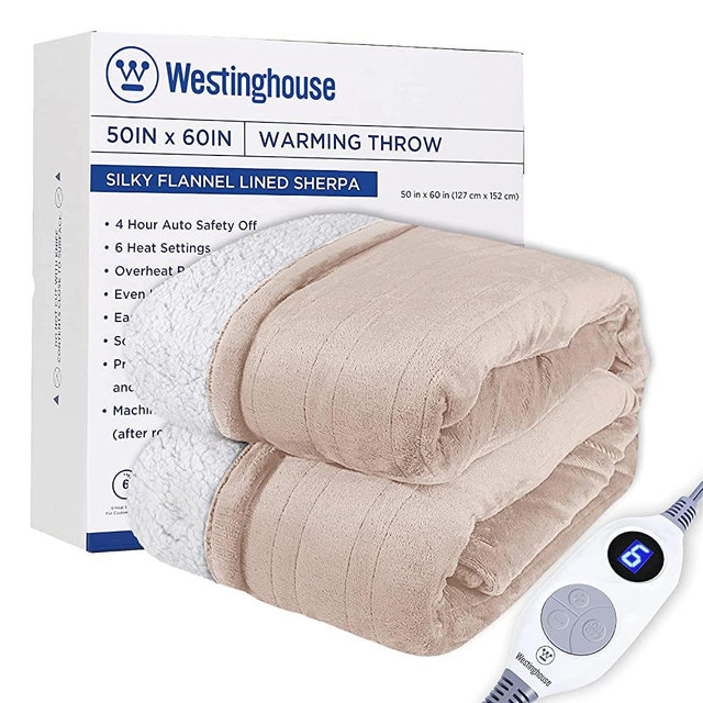 Westinghouse Electric Blanket Heated Throw | 6 Heating Levels & 4 Hours Auto Off | Flannel to Sherpa Reversible 50x60 | Machine Washable,Ivory