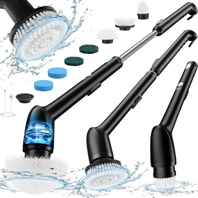LyriFine Electric Spin Scrubber with LED Display, LY7 Pro New Full-Body IPX7 Waterproof Bathroom Cleaning Brush, 7 Brush Heads Shower Scrubber with Long Handle, Dual Speed for Bathtub Tile Floor-Black