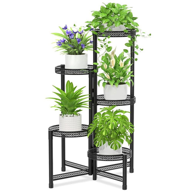 iDavosic.ly 5 Tier Metal Plant Stand for Indoor Outdoor, Foldable Corner Tall Plant Shelf Display Stand for Multiple Plants, Wrought Iron Flower Pot Holder for Living Room Balcony Garden Patio