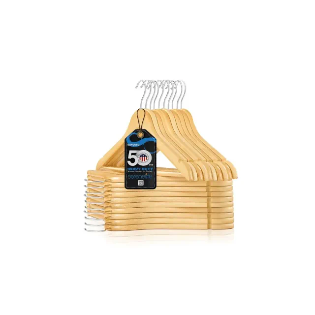 SereneLife 50pc Solid Wooden Hangers with 360° Swivel Hooks - SLWDD50, Natural Finish